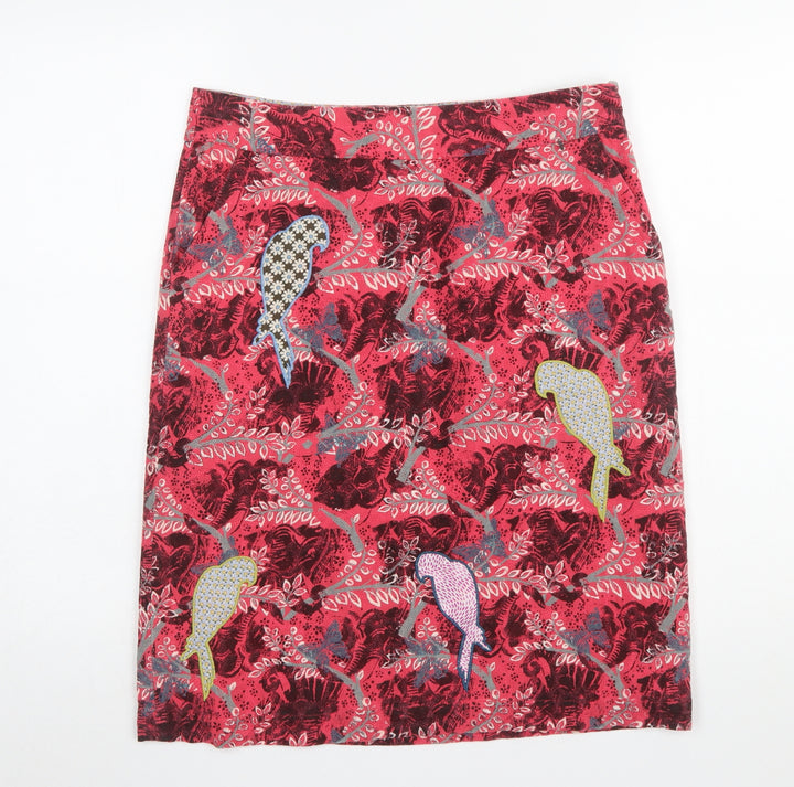 White Stuff Womens Red Cotton Embroidered Parrot Knee Length Skirt Size 10