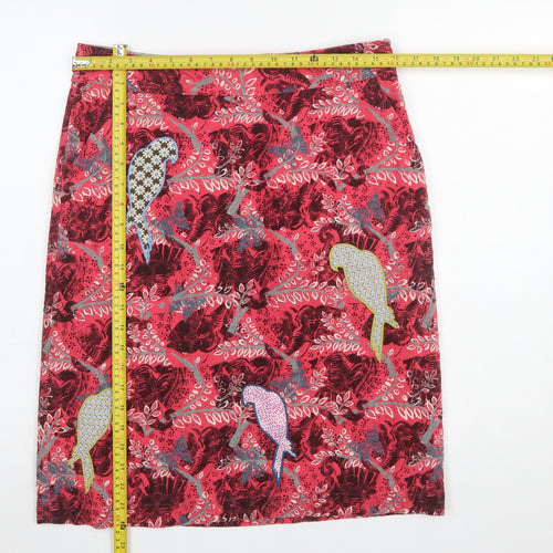 White Stuff Womens Red Cotton Embroidered Parrot Knee Length Skirt Size 10