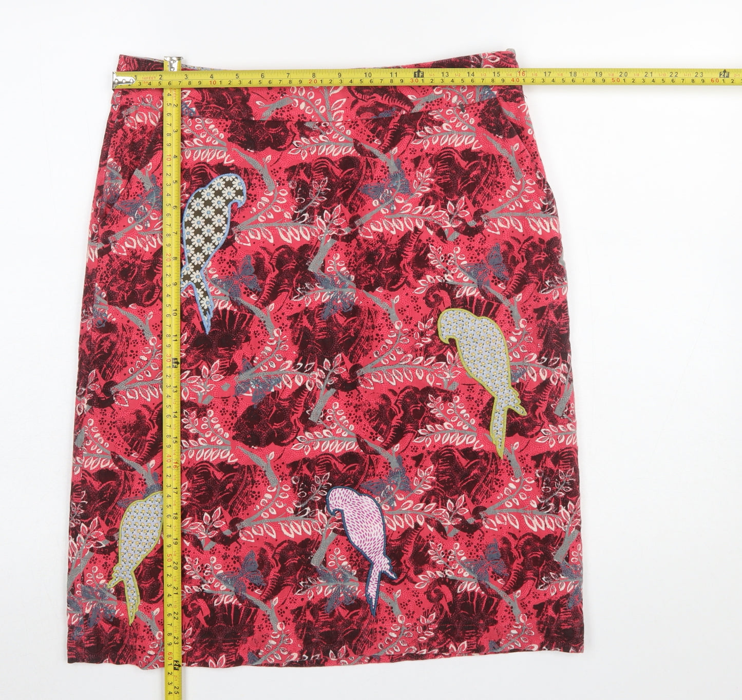 White Stuff Womens Red Cotton Embroidered Parrot Knee Length Skirt Size 10