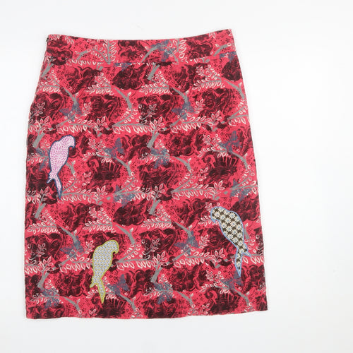 White Stuff Womens Red Cotton Embroidered Parrot Knee Length Skirt Size 10