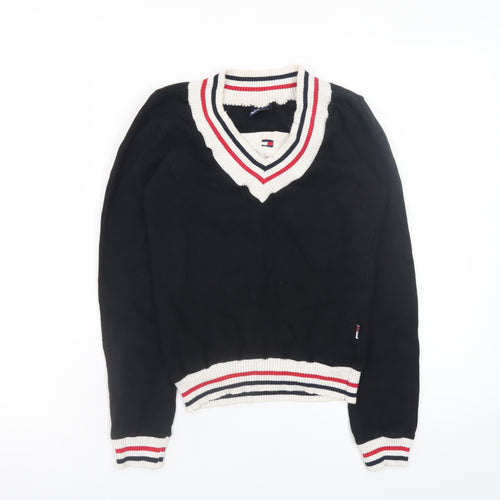 Tommy Hilfiger Womens Black V-Neck Knit Jumper Size M Cotton Retro Style
