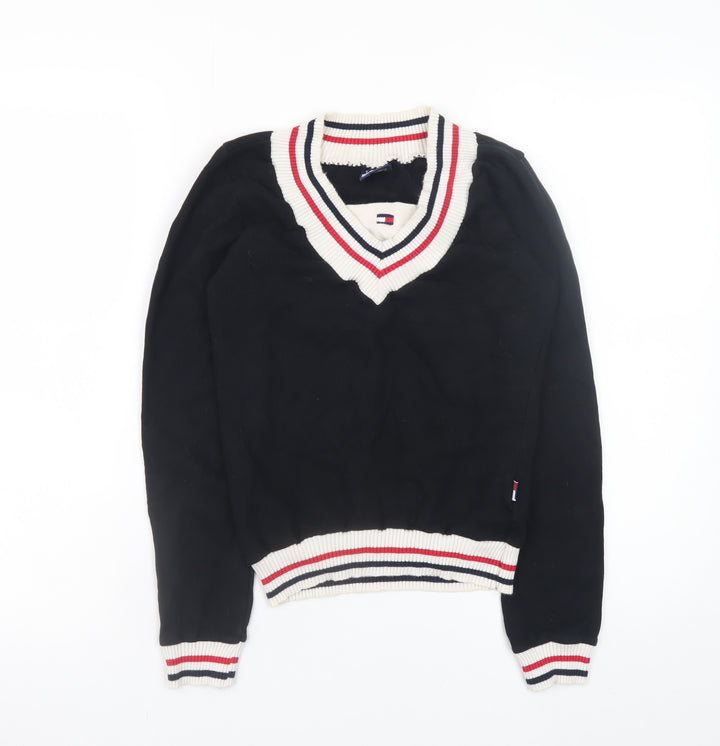 Tommy Hilfiger Womens Black V-Neck Knit Jumper Size M Cotton Retro Style