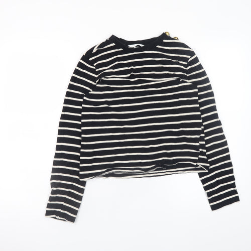 H&M Women Black White Striped Long Sleeve Cotton Boat Neck Top Size S