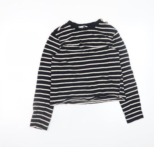 H&M Women Black White Striped Long Sleeve Cotton Boat Neck Top Size S