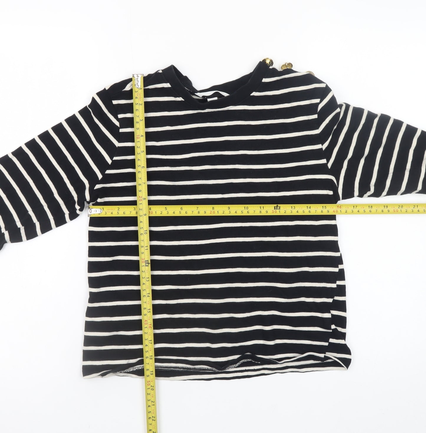 H&M Women Black White Striped Long Sleeve Cotton Boat Neck Top Size S