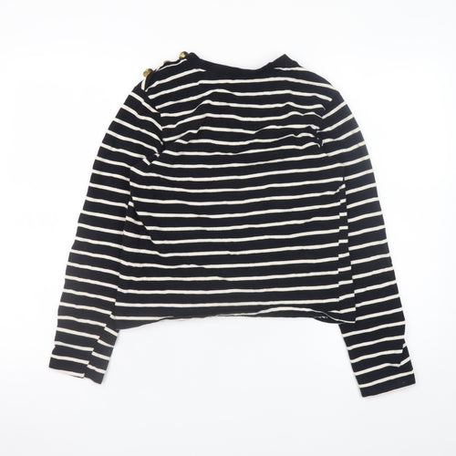 H&M Women Black White Striped Long Sleeve Cotton Boat Neck Top Size S