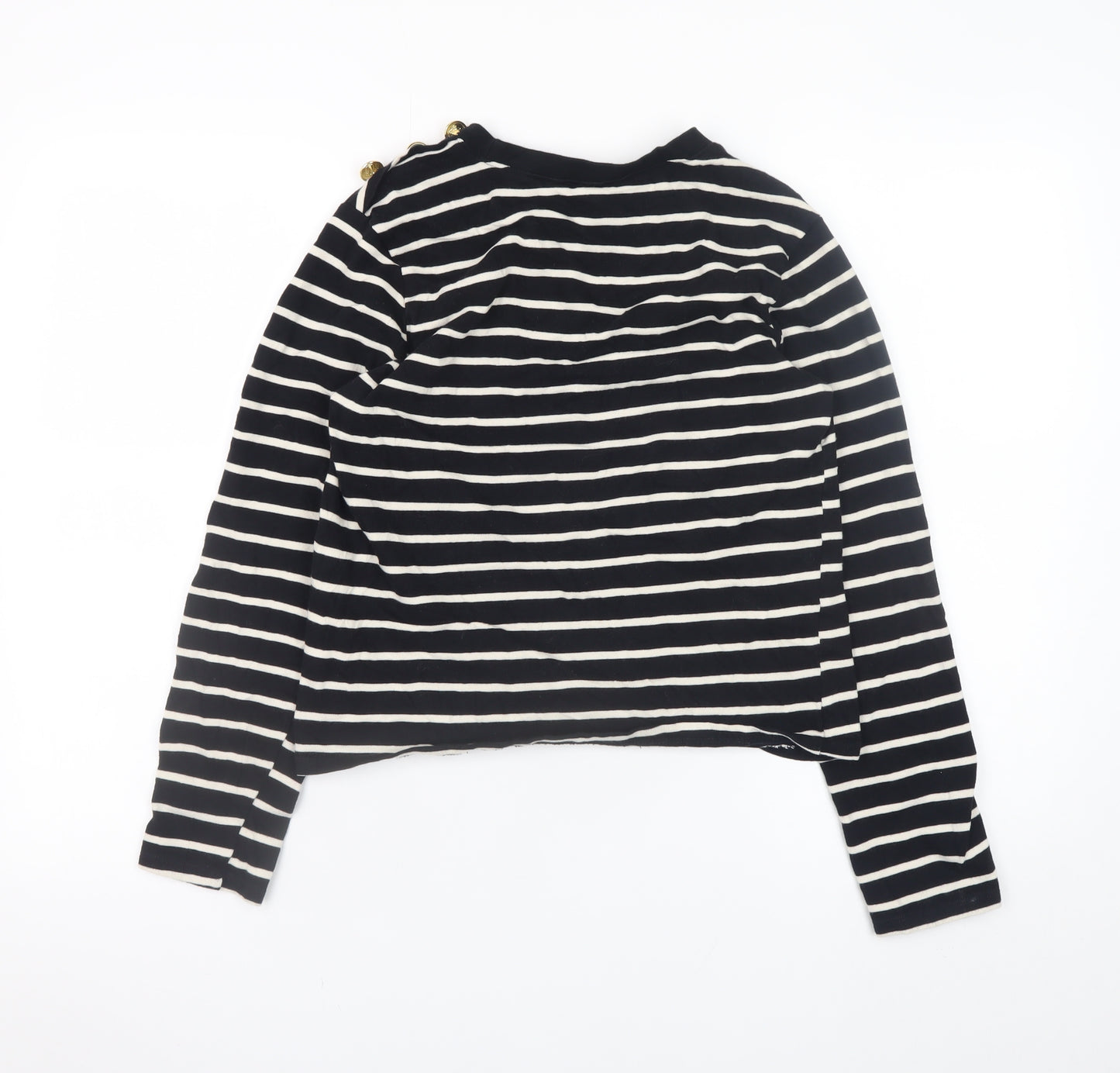 H&M Women Black White Striped Long Sleeve Cotton Boat Neck Top Size S