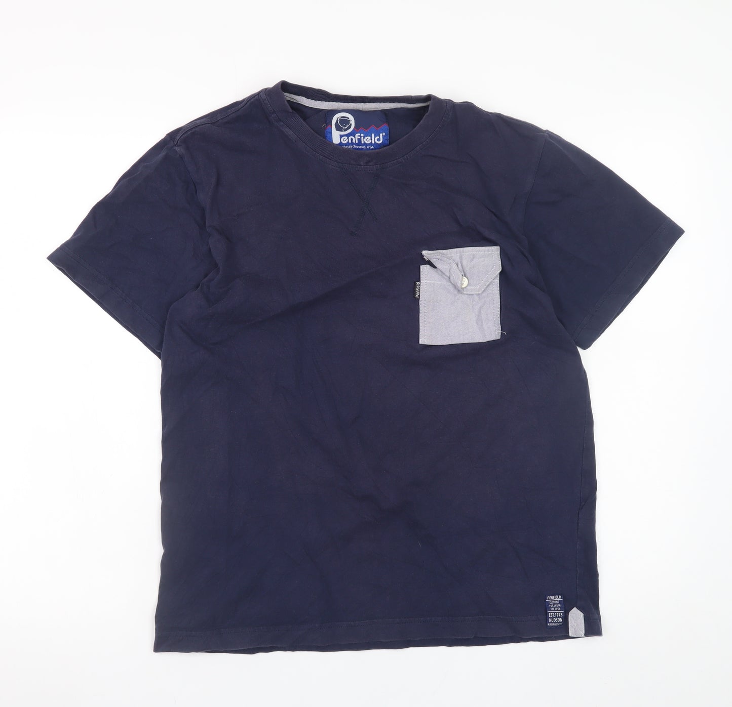 Penfield Men's Blue Cotton Crew Neck Colourblock Pocket T-Shirt M