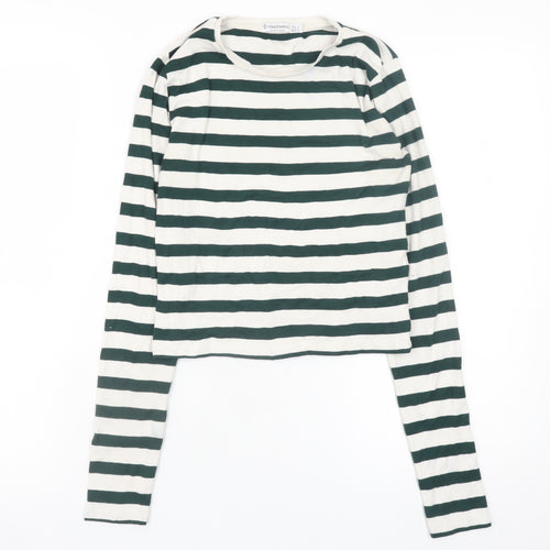 Stradivarius Women's Green White Striped Cropped Long Sleeve T-Shirt Size S