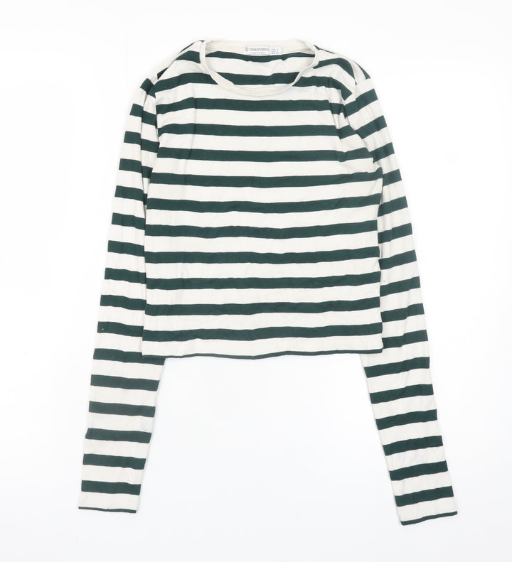 Stradivarius Women's Green White Striped Cropped Long Sleeve T-Shirt Size S