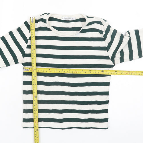 Stradivarius Women's Green White Striped Cropped Long Sleeve T-Shirt Size S