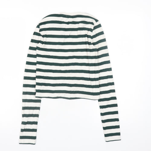 Stradivarius Women's Green White Striped Cropped Long Sleeve T-Shirt Size S