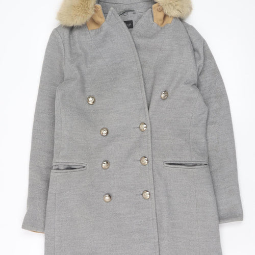 Topshop Petite Women’s Grey Faux Fur Collar Double Breasted Coat Size 8
