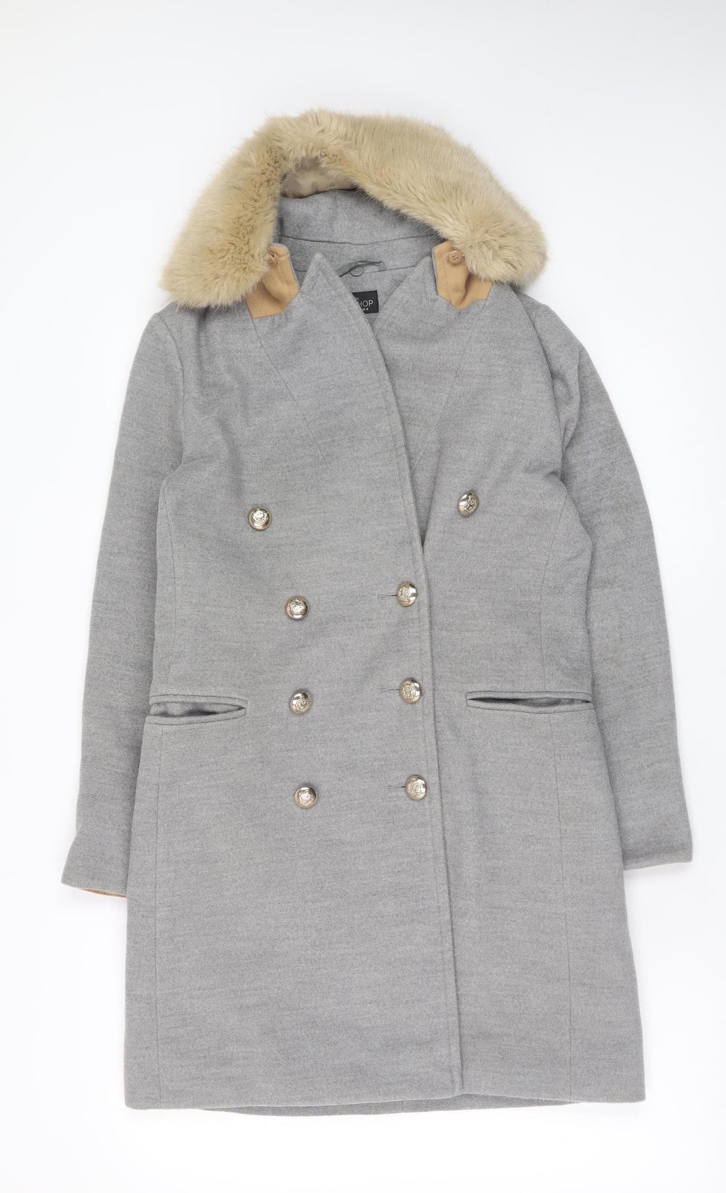 Topshop Petite Women’s Grey Faux Fur Collar Double Breasted Coat Size 8