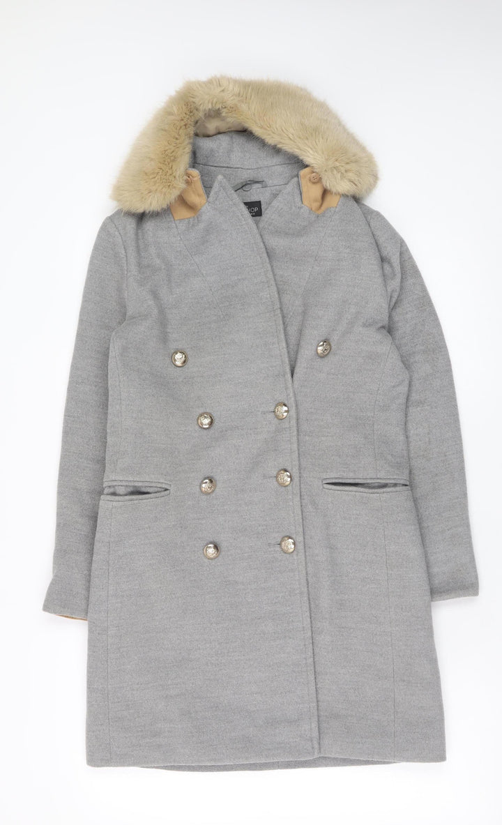 Topshop Petite Women’s Grey Faux Fur Collar Double Breasted Coat Size 8