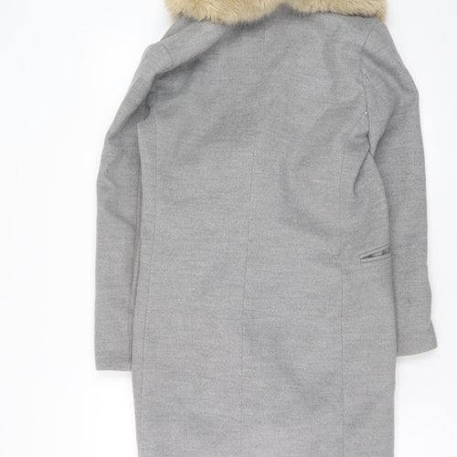 Topshop Petite Women’s Grey Faux Fur Collar Double Breasted Coat Size 8