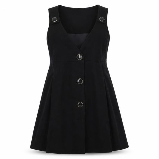 Front view of Warehouse Women's Black Wool Blend Pinafore Dress, size 12