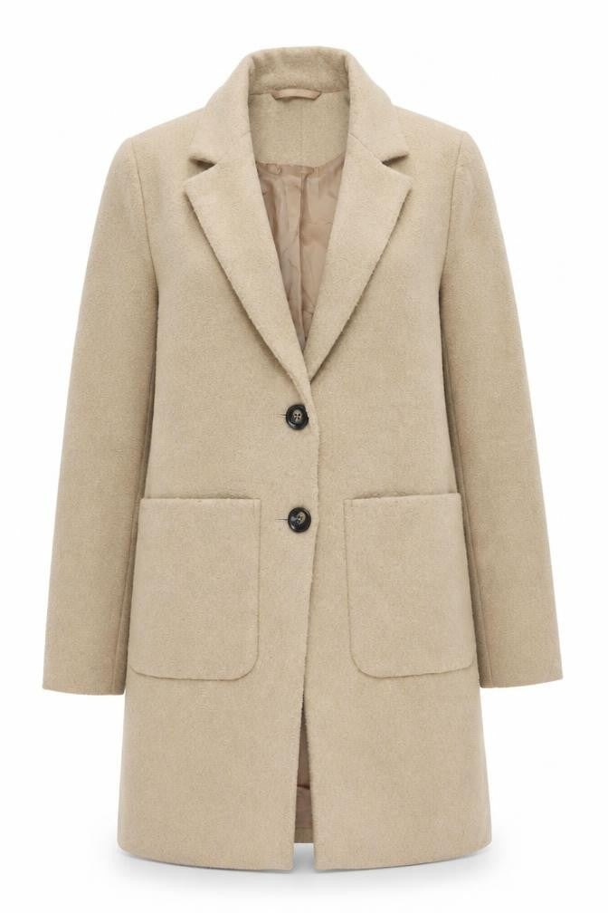 Front view of New Look women’s beige mid-length overcoat uk 10 lined classic style