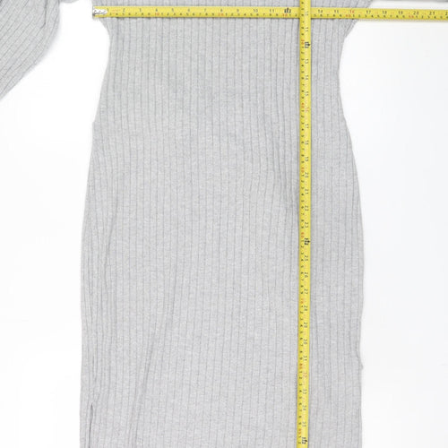 River Island Women’s Grey Ribbed Knit Belted Midi Bodycon Dress Size 16