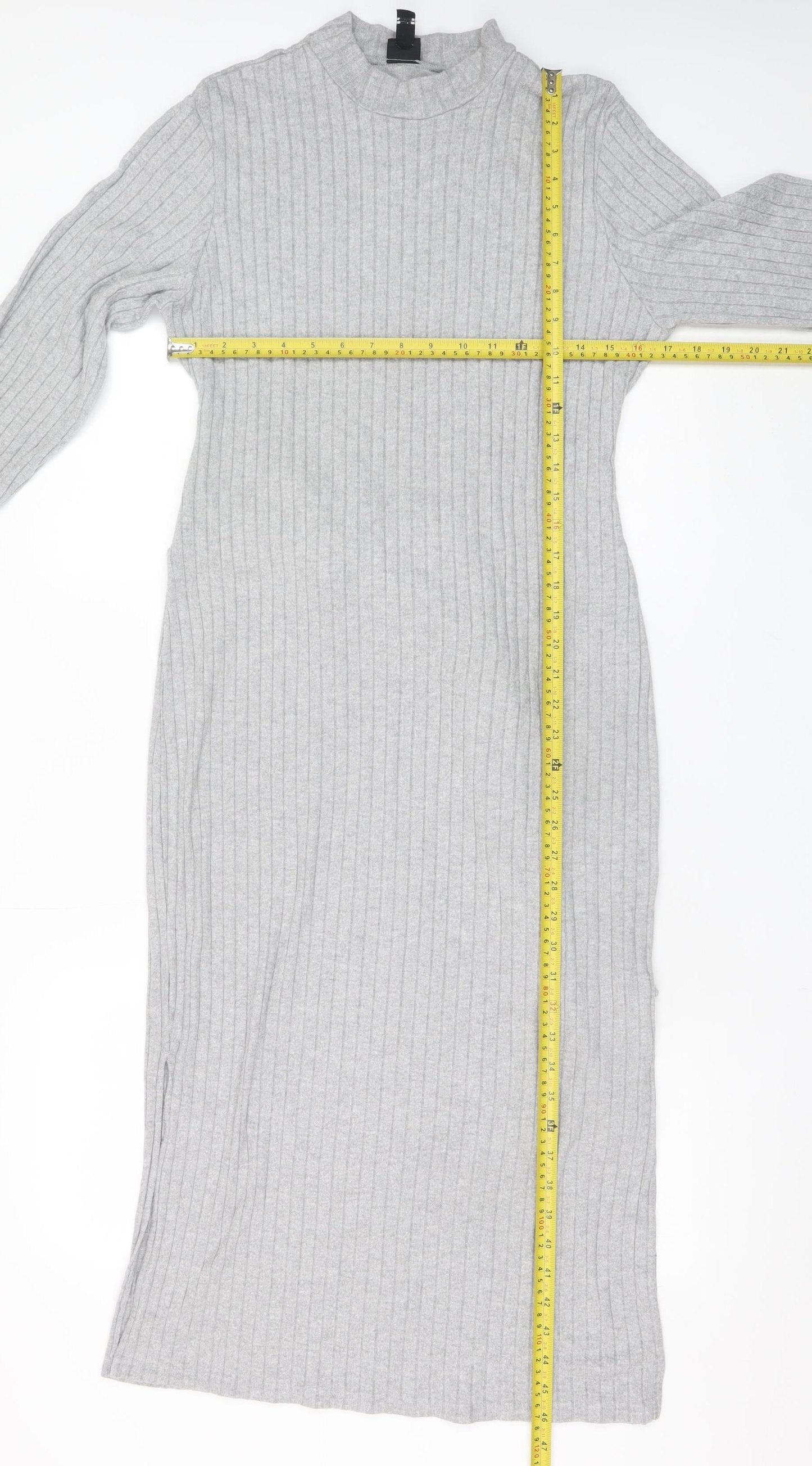 River Island Women’s Grey Ribbed Knit Belted Midi Bodycon Dress Size 16