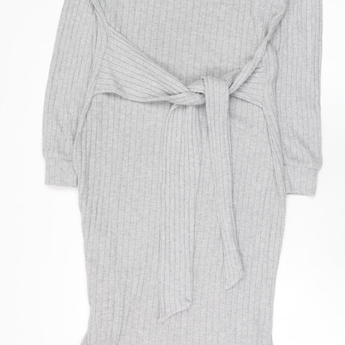 River Island Women’s Grey Ribbed Knit Belted Midi Bodycon Dress Size 16