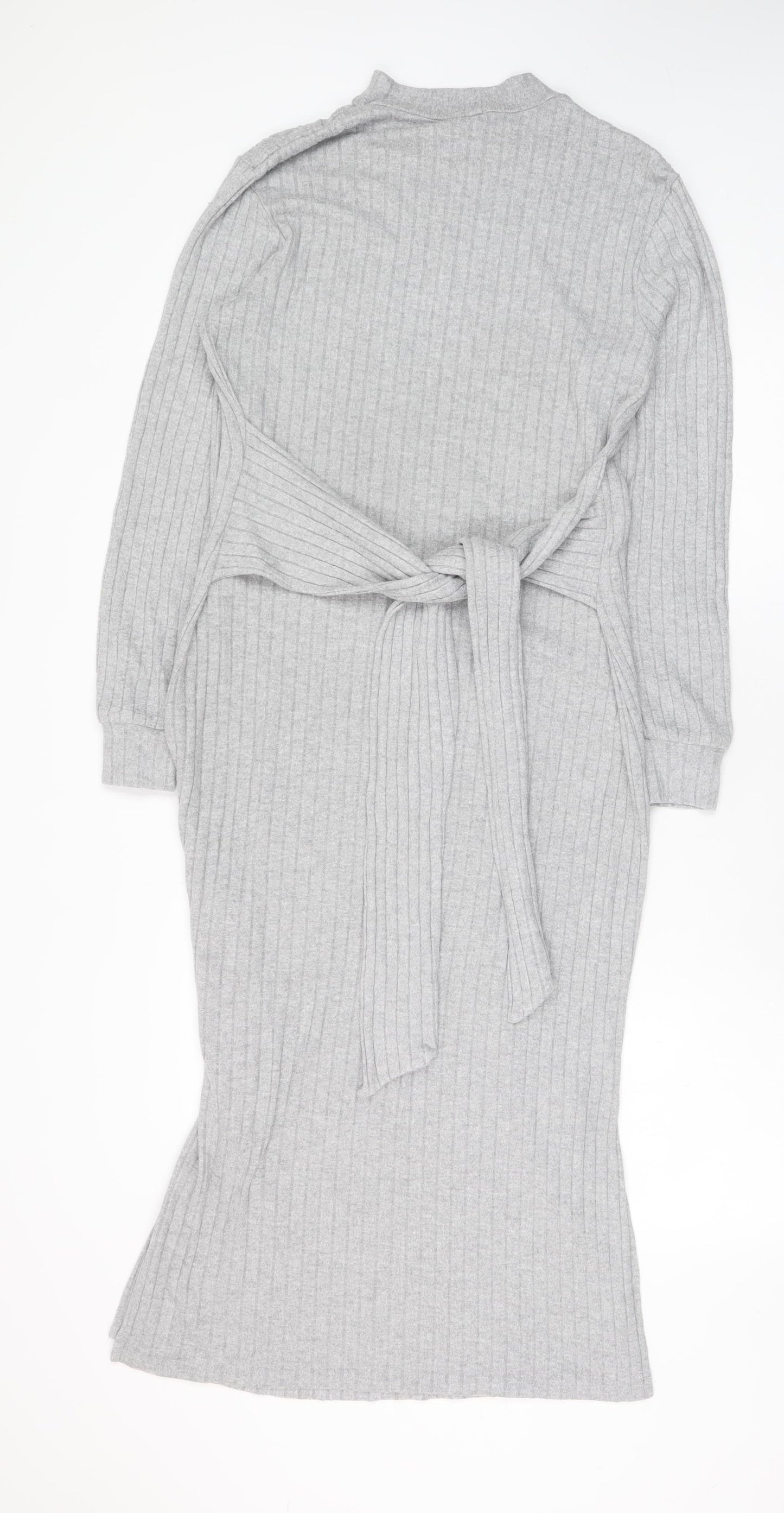River Island Women’s Grey Ribbed Knit Belted Midi Bodycon Dress Size 16