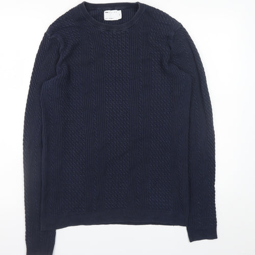 ASOS DESIGN Men’s Blue Cotton Cable-Knit Crew Neck Jumper M