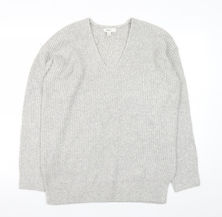 Marks and Spencer Women’s Grey V-Neck Ribbed Knit Pullover Jumper M