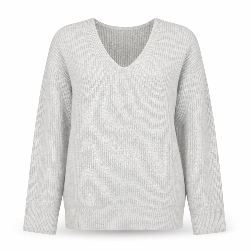 Front view of Marks & Spencer Women’s Grey V-Neck Ribbed Knit jumper M
