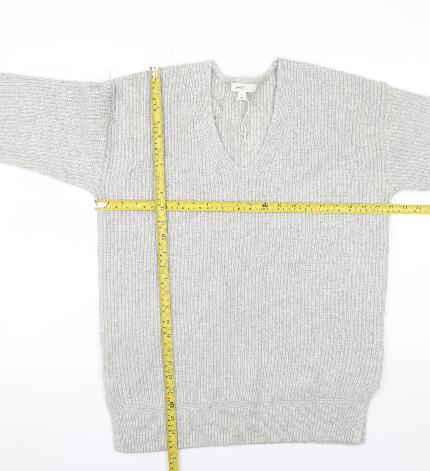 Marks and Spencer Women’s Grey V-Neck Ribbed Knit Pullover Jumper M