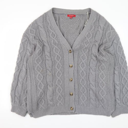 Guess Womens Grey Wool Blend Cable Knit V-Neck Cardigan Size 16