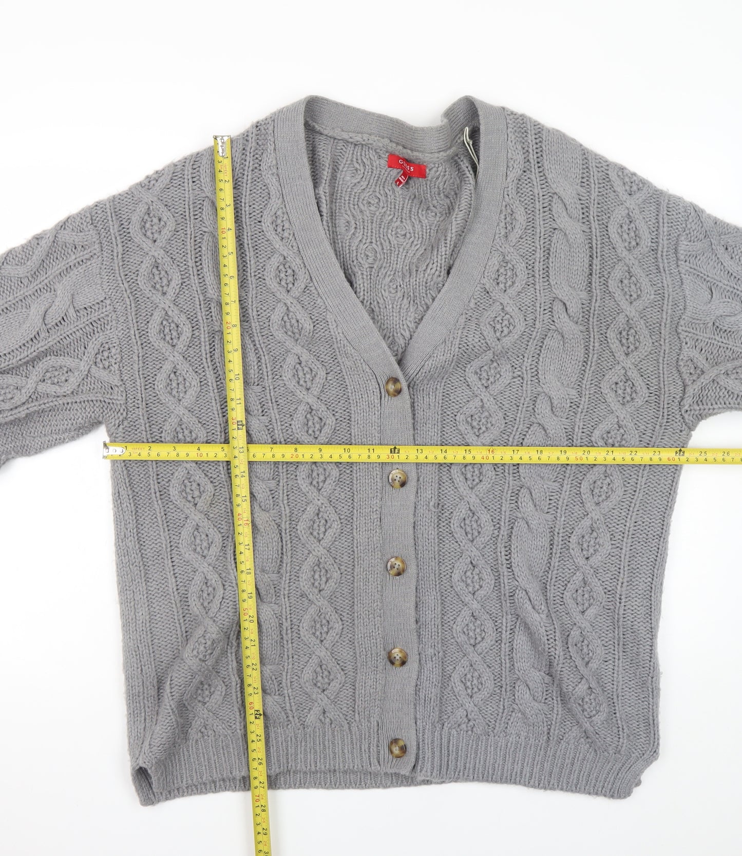 Guess Womens Grey Wool Blend Cable Knit V-Neck Cardigan Size 16