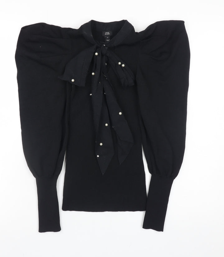 River Island Women’s Black Puff Sleeve Bow Jumper Size 6