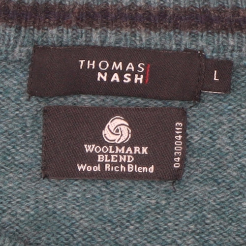 Thomas Nash Men's Green Wool Blend Crew Neck Jumper L