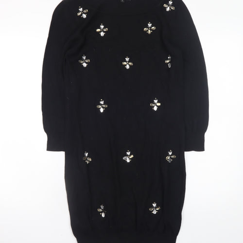 Next Womens Black Beaded Sweater Dress Size 12 Knit 3/4 Sleeve