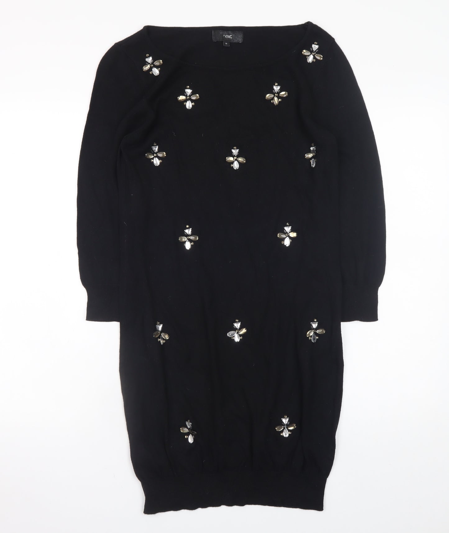 Next Womens Black Beaded Sweater Dress Size 12 Knit 3/4 Sleeve