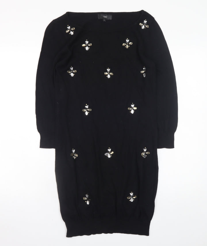 Next Womens Black Beaded Sweater Dress Size 12 Knit 3/4 Sleeve