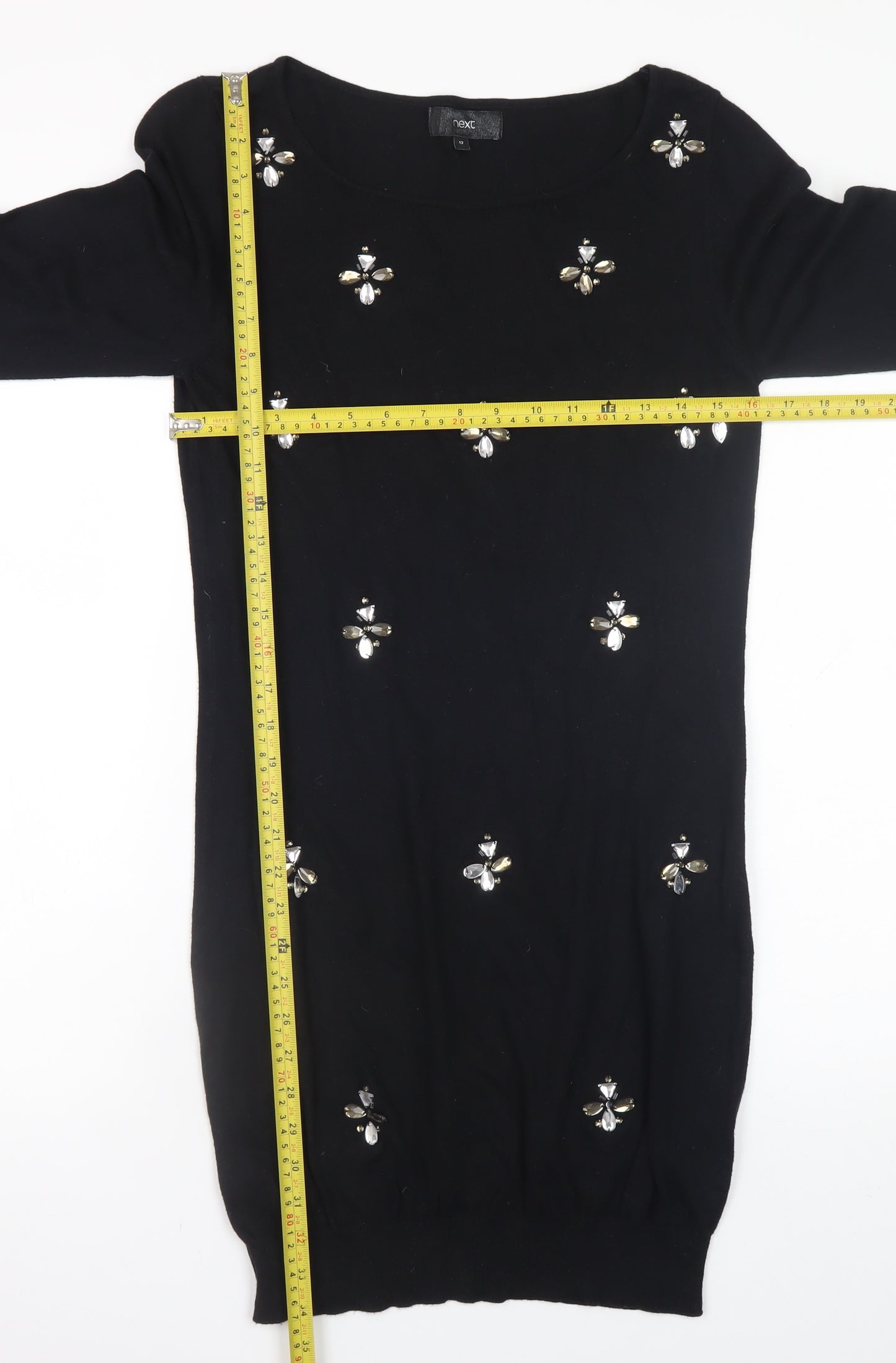 Next Womens Black Beaded Sweater Dress Size 12 Knit 3/4 Sleeve