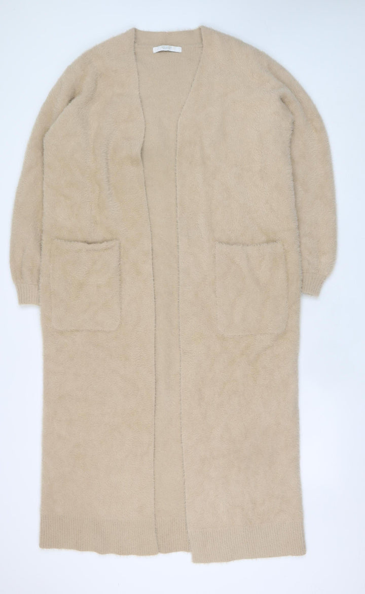 Michelle Keegan Women Beige Long Cardigan Medium Wool Blend Open Front