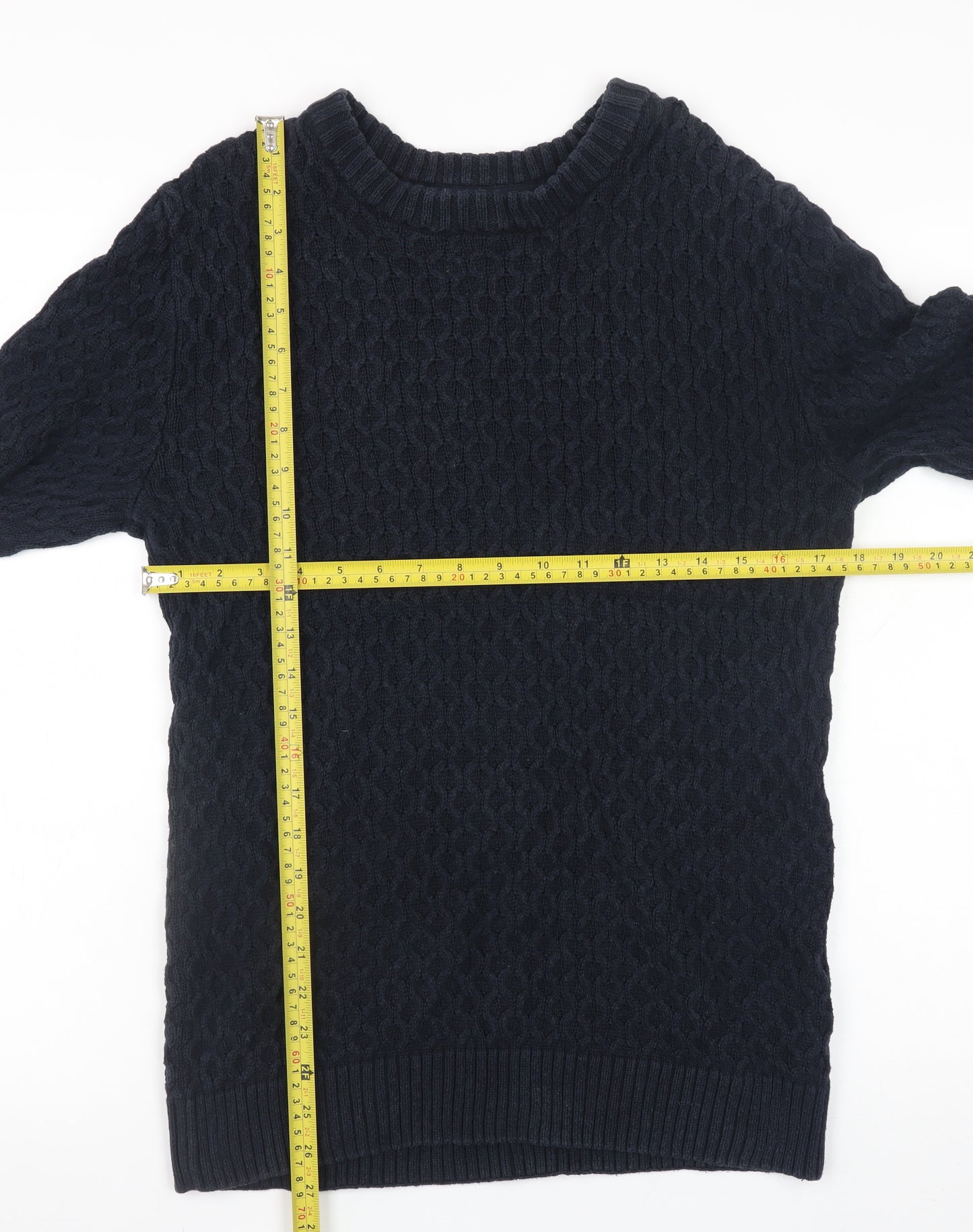 H&M L.O.G.G Women Navy Blue Cotton Cable-Knit Jumper Size 10