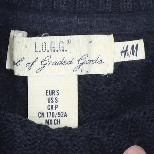 H&M L.O.G.G Women Navy Blue Cotton Cable-Knit Jumper Size 10
