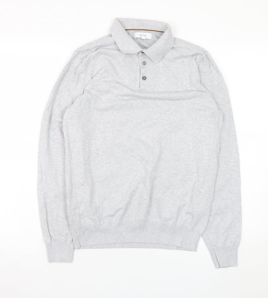 Next Mens Grey Long Sleeve Cotton Knit Polo Shirt Size M