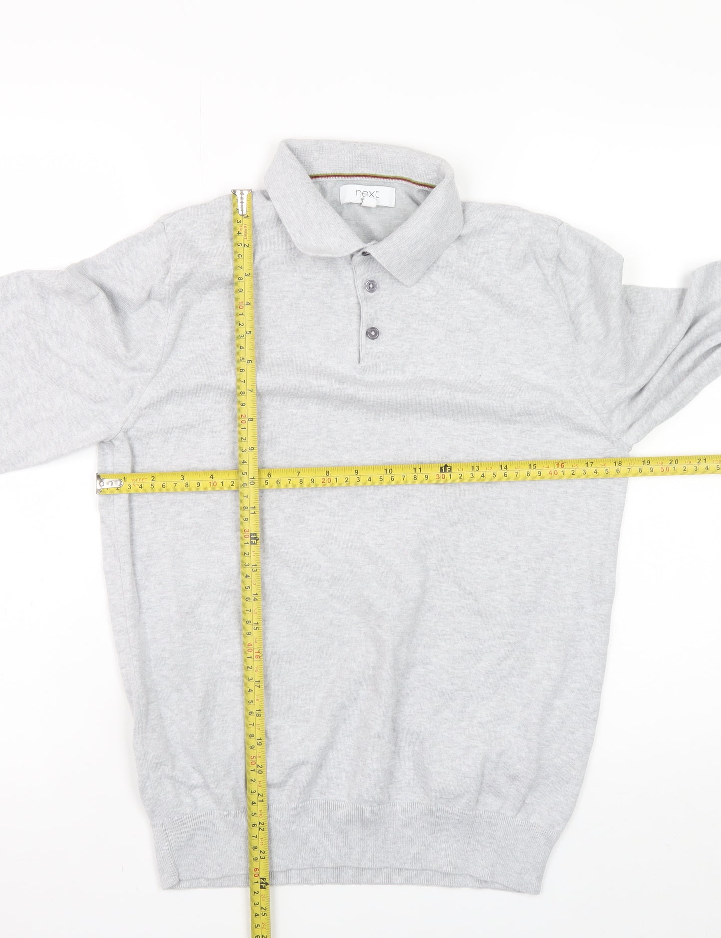Next Mens Grey Long Sleeve Cotton Knit Polo Shirt Size M