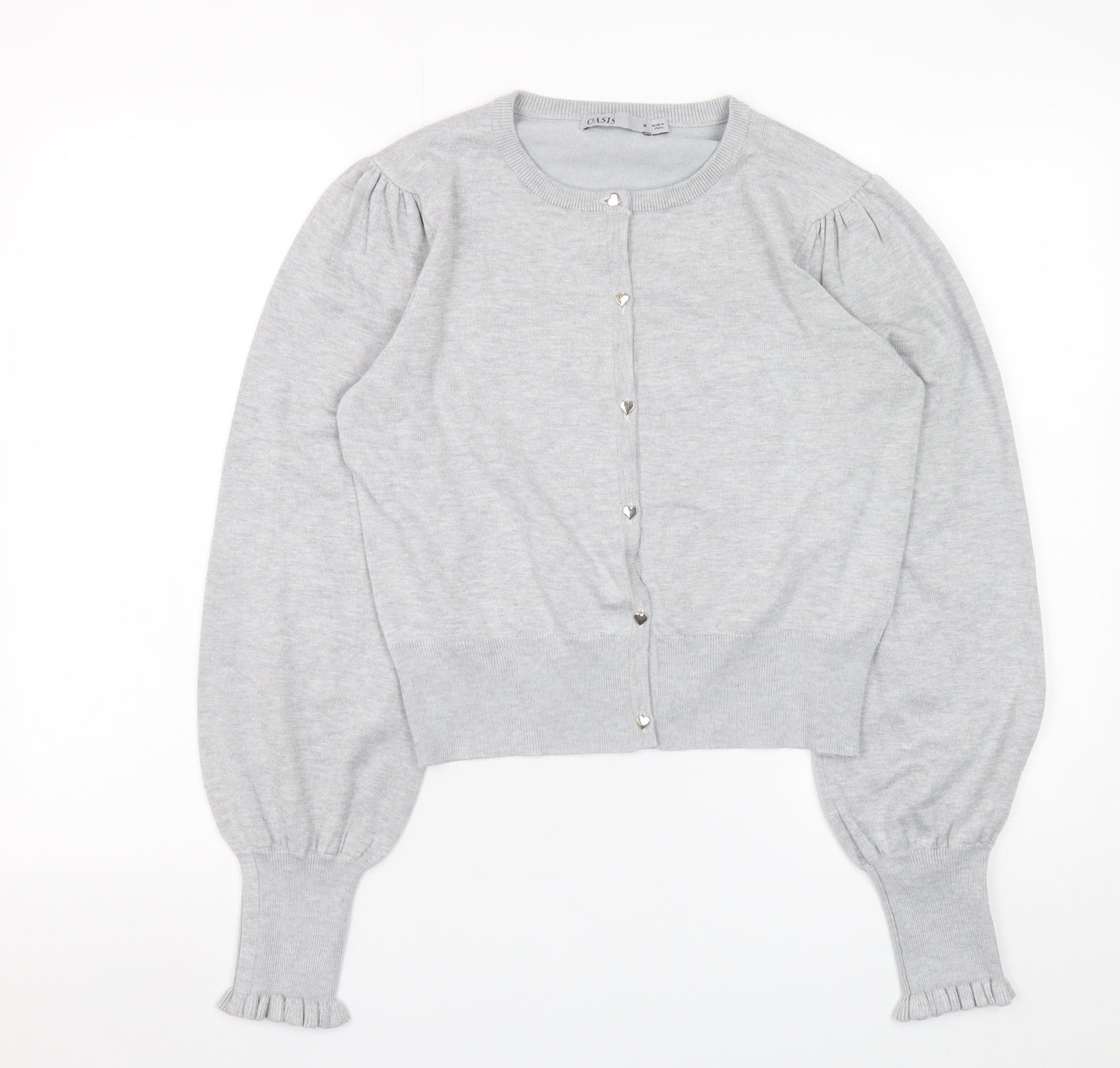 Oasis Women Grey Puff Sleeve Knit Cardigan M