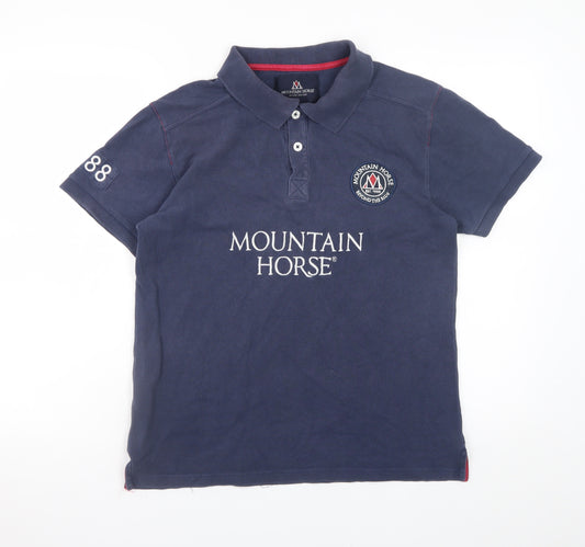 Mountain Horse Men's Blue Embroidered Equestrian Polo Shirt Medium