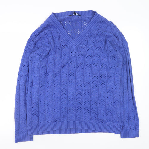 Clothing Company Women's Blue V-Neck Open-Knit Jumper Size M