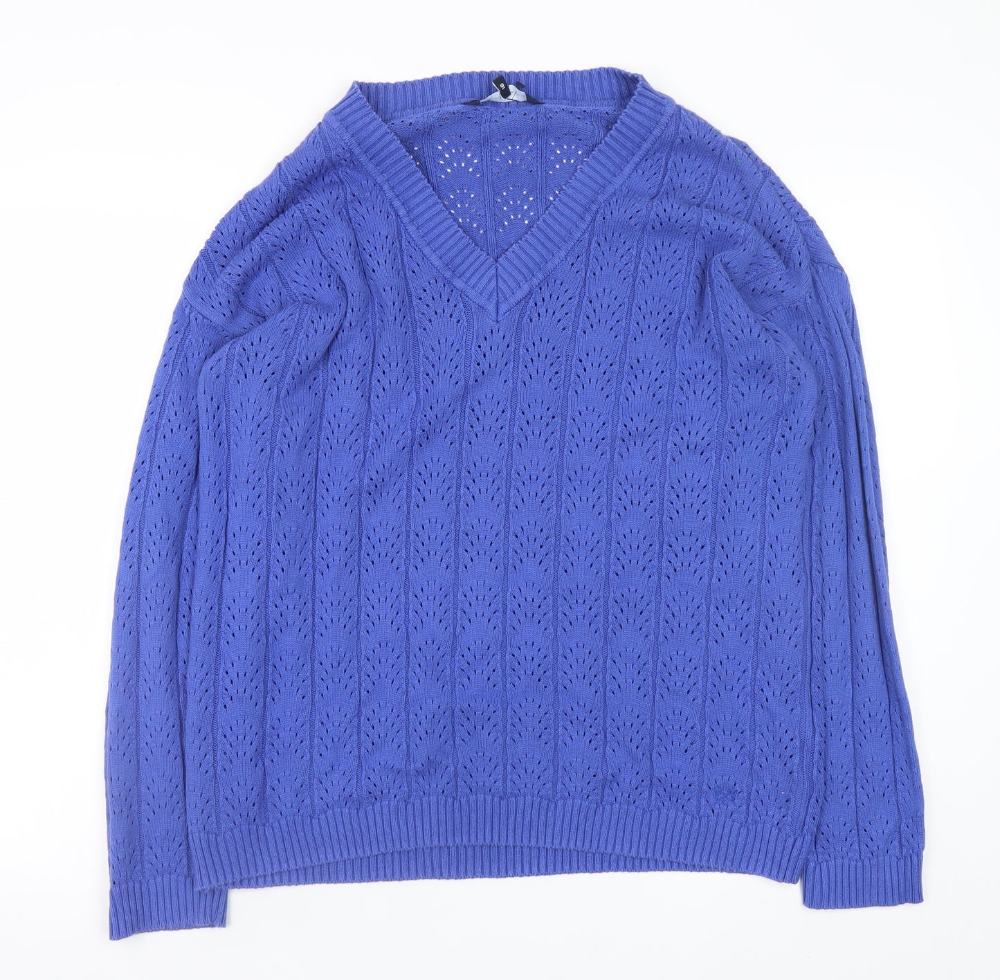 Clothing Company Women's Blue V-Neck Open-Knit Jumper Size M