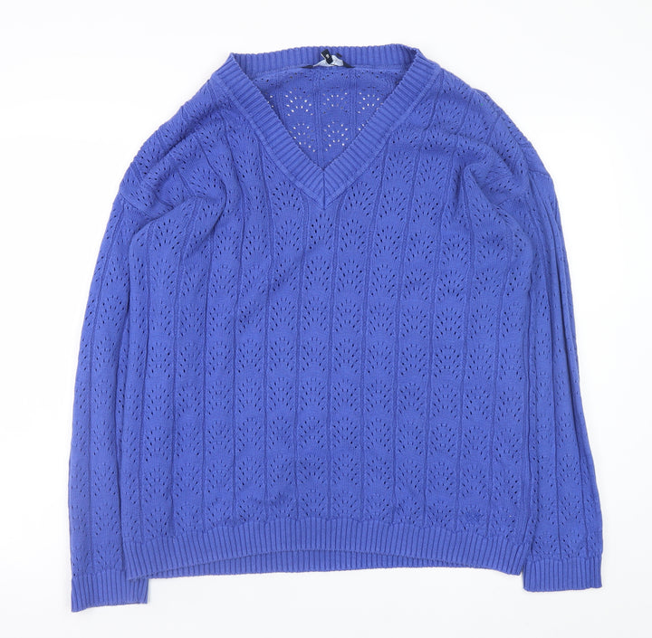Clothing Company Women's Blue V-Neck Open-Knit Jumper Size M