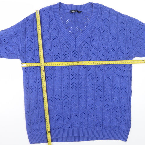 Clothing Company Women's Blue V-Neck Open-Knit Jumper Size M