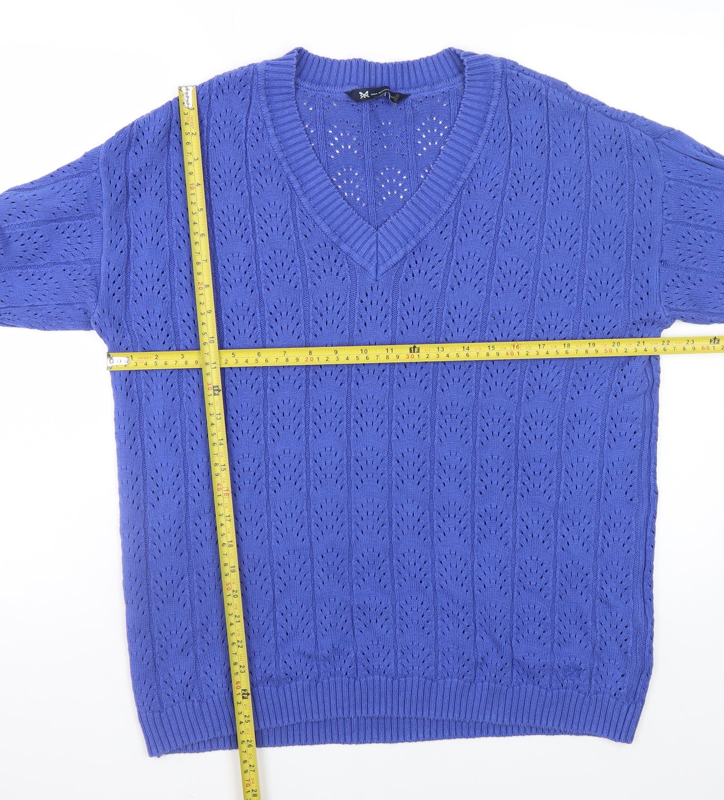 Clothing Company Women's Blue V-Neck Open-Knit Jumper Size M